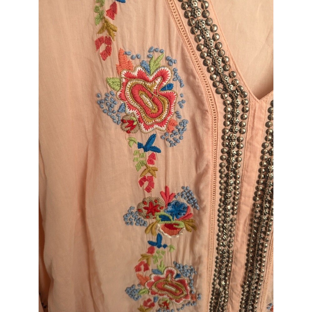 Soft Surroundings Colorful Embroidery &  Beads Blouse Top Sz XL Peach Button Up - Picture 8 of 9